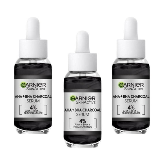 Garnier Skin Active 4% AHA + BHA & Niacinamide Charcoal Face Serum 30 ml 3 Pack