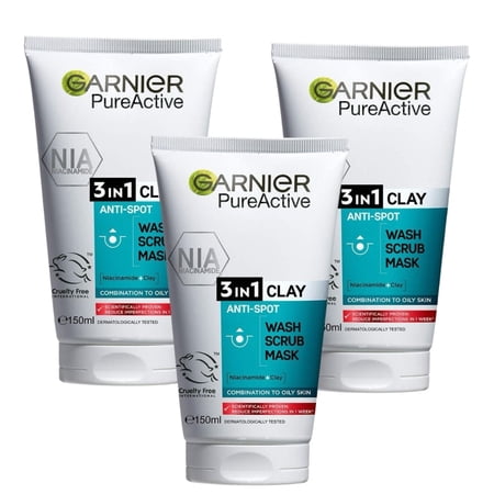 Garnier Skin Active Pure Active 3 in 1 Wash, Scrub & Mask 150 ml 3 Pack
