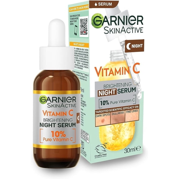 Garnier Targeted Anti Dark Spot Night Serum for Face, with 10% Pure Vitamin C & Hyaluronic Acid, Anti Pigmentation & Dullness, For All Skin Types, Approved by Cruelty Free International, Vegan, 30 ml