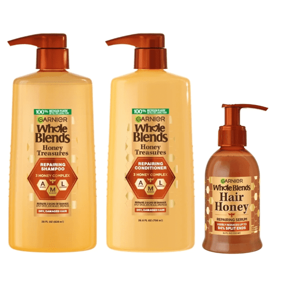 Garnier Whole Blends Honey Treasures Repairing Shampoo, Conditioner, & Leave-in Serum Set for Dry, Damaged Hair, 28 fl oz