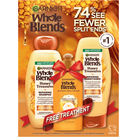 ($16 Value) Garnier Whole Blends Shampoo, Conditioner and Treatment for Damaged Hair, 1 Kit