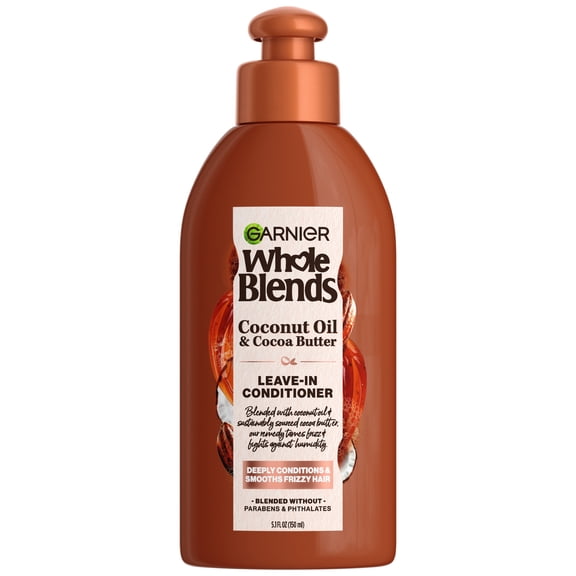 Garnier Whole Blends Leave in Frizz Control Conditioner, Coconut Oil Cocoa Butter, All Hair Types 5 fl oz