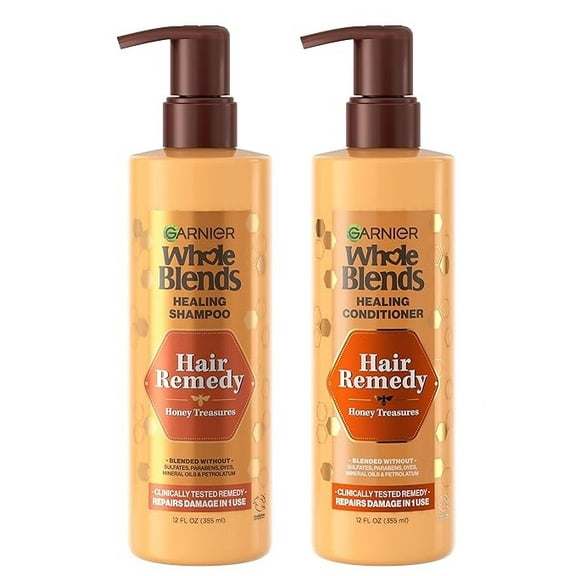 Garnier Whole Blends Sulfate Free Remedy Honey Treasures Replenishing Shampoo and Conditioner Set for Very Damaged Hair with Sample, 12 Fl Oz/355 ml, Pack of 2