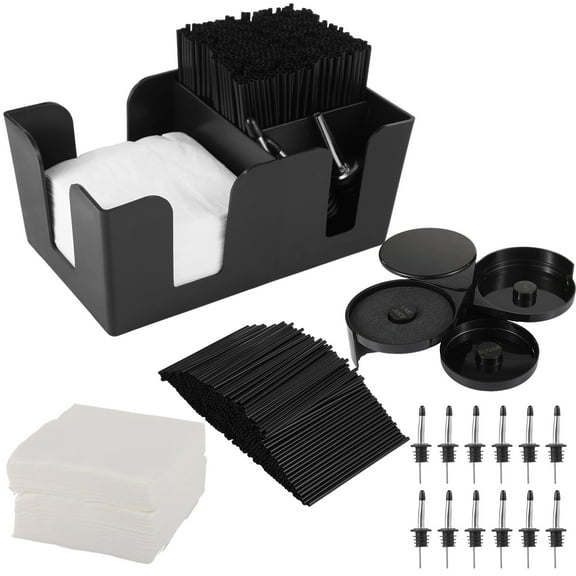 Garnish Tray with Lid Bar Set with Fruit Container, 3-Tier Bar Rimmers, Stainless Steel Classic Bottle Pourers, Tissue Box, Count Cocktail Stirrers, Straws