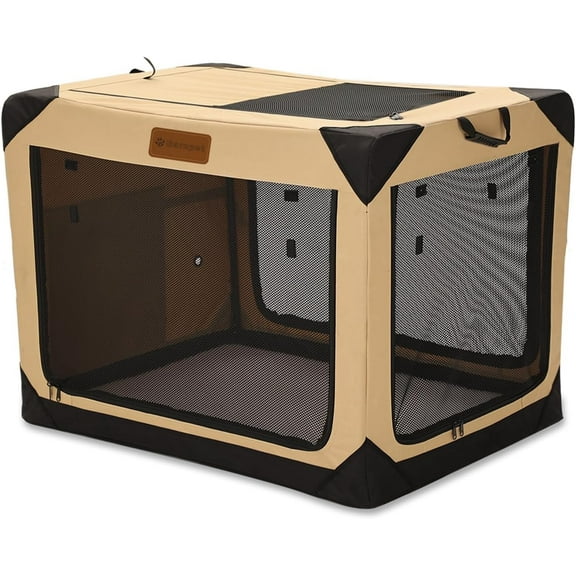 Garnpet 36 Inch Collapsible Soft Dog Crate for Large Dogs, 4-Door Foldable Travel Dog Kennel with Durable Mesh Windows for Indoor & Outdoor Portable Pet Crate, Soft Side Dog Crate, Beige C97