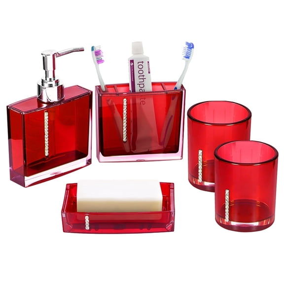 Garosa Red Bathroom Accessories, Acrylic Bathroom Accessories Set With Bath Cup Bottle Toothbrush Holder Soap Dish 5PC/Set For Hotel Home Bathroom Use