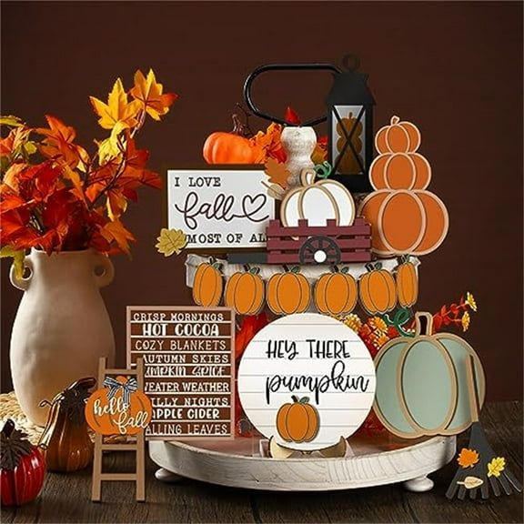 Garoy Fall Tiered Tray Decoration Sets Pumpkin Maple Leaf Wood Sign Rustic Farmhouse Decor Fall Wood Decorative Tabletop Sign Dining Tables Fireplaces for Autumn Thanksgiving Day Harvest Fall Decor