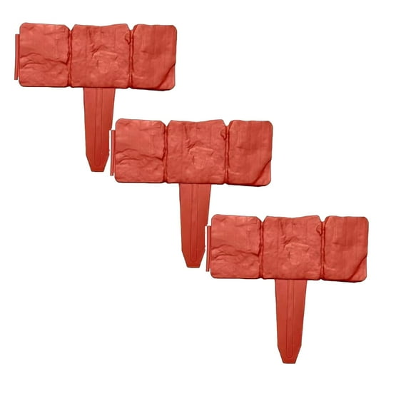 Garoy Plastic Garden Edging Stone-Look Border - Decorative Flower Bed Fence for Landscaping,Stone Landscape Edging,Faux Stone Trim with Stakes,3 Pieces of Red Interlocking Lawn Stakes(9.84x3.93 Inch)