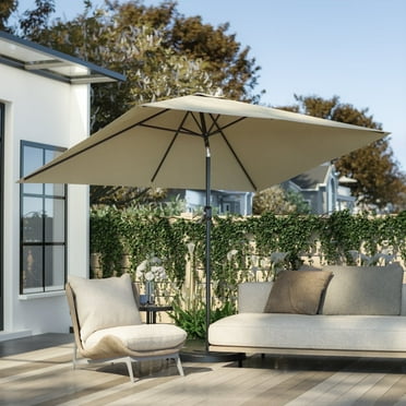 Garpans 10ft Patio Umbrella Outdoor Table Market Umbrella with Push Button Tilt and Crank Handle,Sun Shelter UV Protection Rectangular Beach Umbrellas,Khaki
