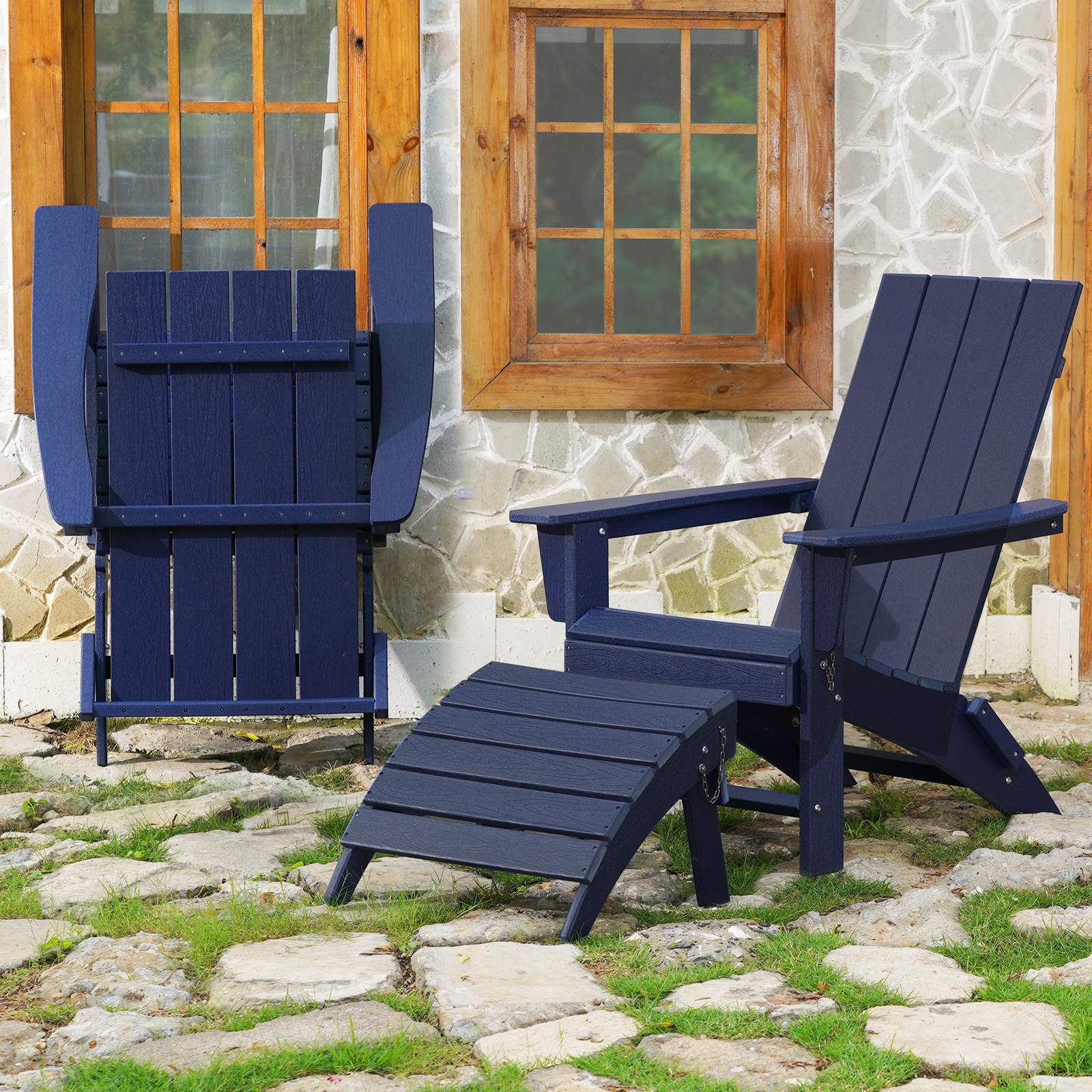 VINGLI Folding Adirondack Chair with Ottoman, Waterproof Plastic HDPE