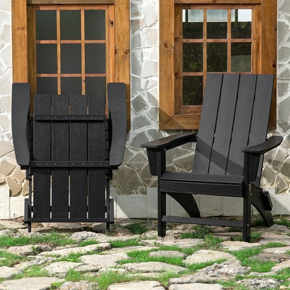 Garpans Folding Adirondack Chair Weather Resistant Outdoor Adirondack Chair HDPE Outdoor Chair for Patio Front Porch Pool Garden Deck Fire Pit Outside, Black