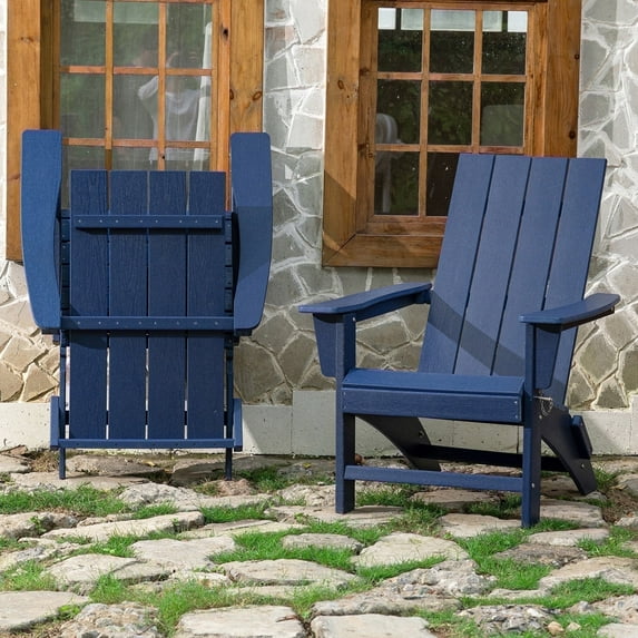 Garpans Folding Adirondack Chair Weather Resistant Outdoor Adirondack Chair HDPE Outdoor Chair for Patio Front Porch Pool Garden Deck Fire Pit Outside, Navy Blue