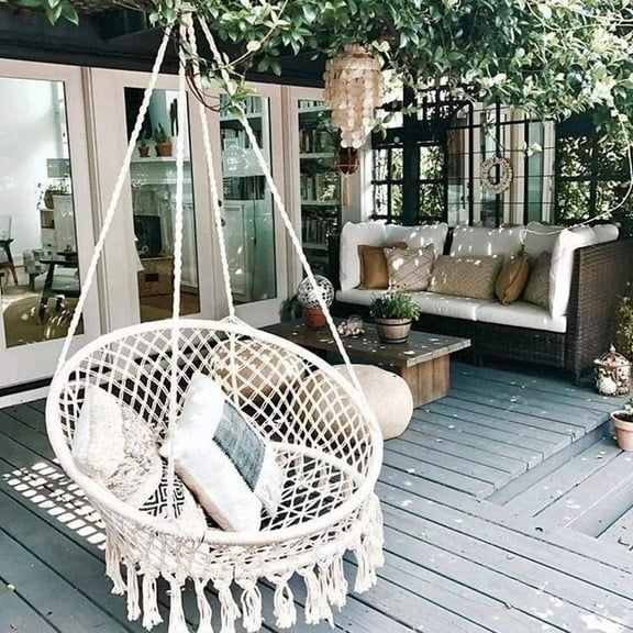 Garpans Hammock Chair Macrame Swing Chair Handmade Knitted Hanging Cotton Rope Chair for Indoor/Outdoor Home Patio Deck Yard Garden Reading Leisure Beige