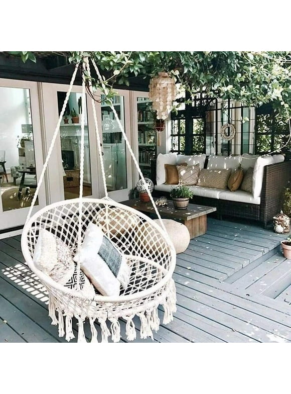 Garpans Hammock Chair Macrame Swing Chair Handmade Knitted Hanging Cotton Rope Chair for Indoor/Outdoor Home Patio Deck Yard Garden Reading Leisure White