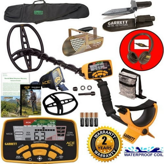Garrett ACE 400 Metal Detector with DD Waterproof Coil, Pouch, Travel Bag, Metal Scoop, Edge Digger,