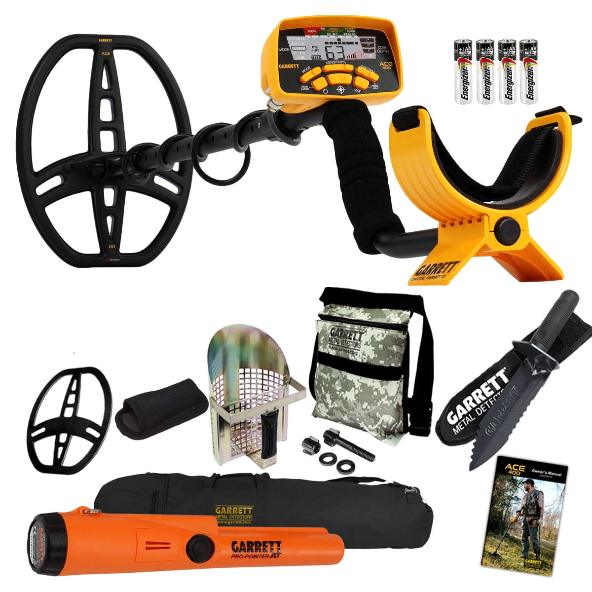 Garrett ACE 400 Metal Detector with DD Waterproof Coil, Propointer AT Pinpointer, Metal Scoop, Camo Pouch, Edge Digger and 50" Travel Bag