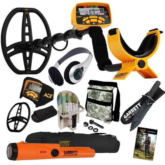 Garrett ACE 400 Metal Detector with DD Waterproof Coil, Propointer AT Pinpointer, Metal Scoop, Camo Pouch, Edge Digger and 50" Travel Bag
