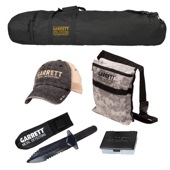 Garrett Metal Detecting Diggers Kit, 5-Piece Accessory Bundle with Edge Digger, Carry Bag, Camo Pouch, Finds Box, and Hat, PN 1665500