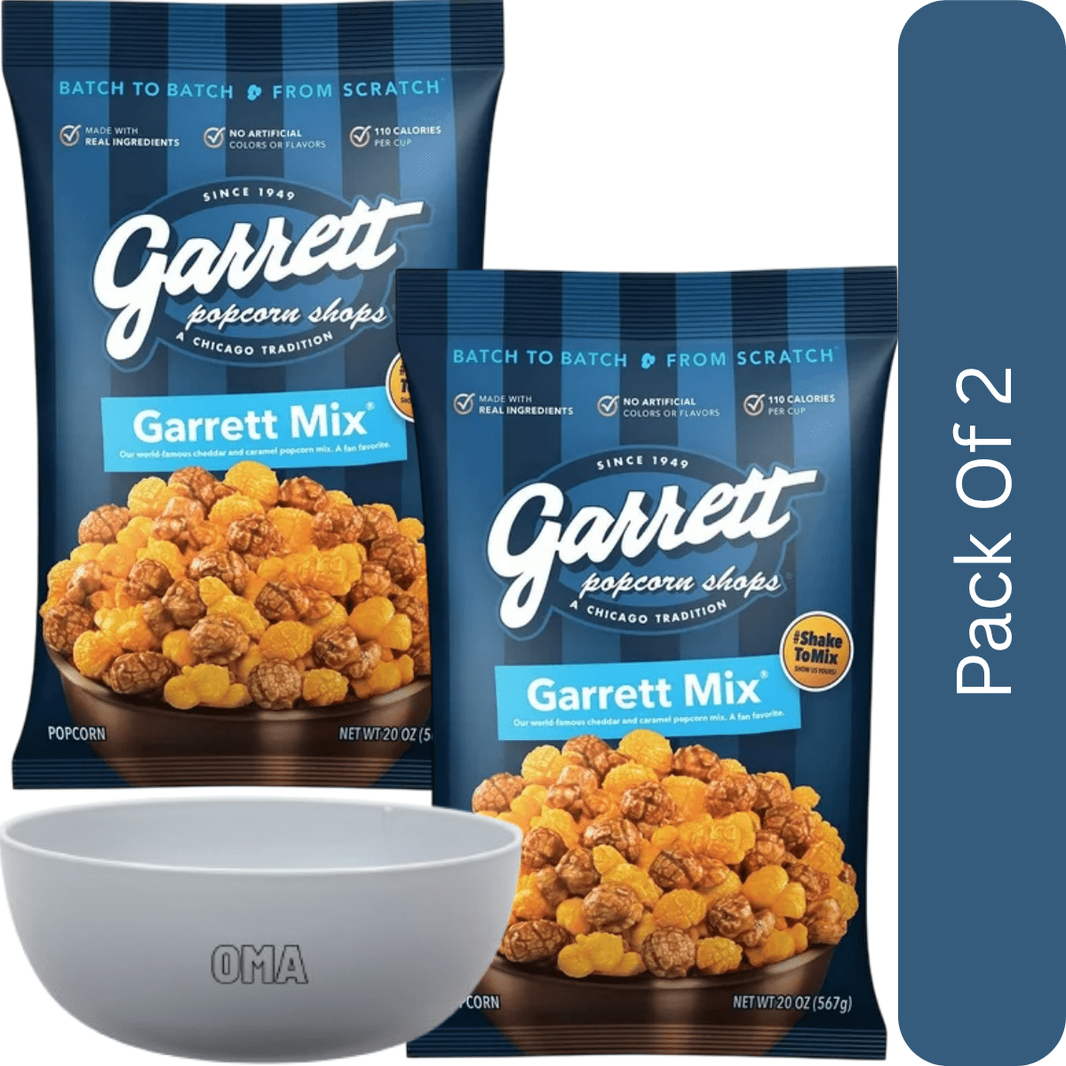 Garrett Popcorn Shops “Garrett Mix” — 20 oz-2pk, With Olive White Bowl By OMA