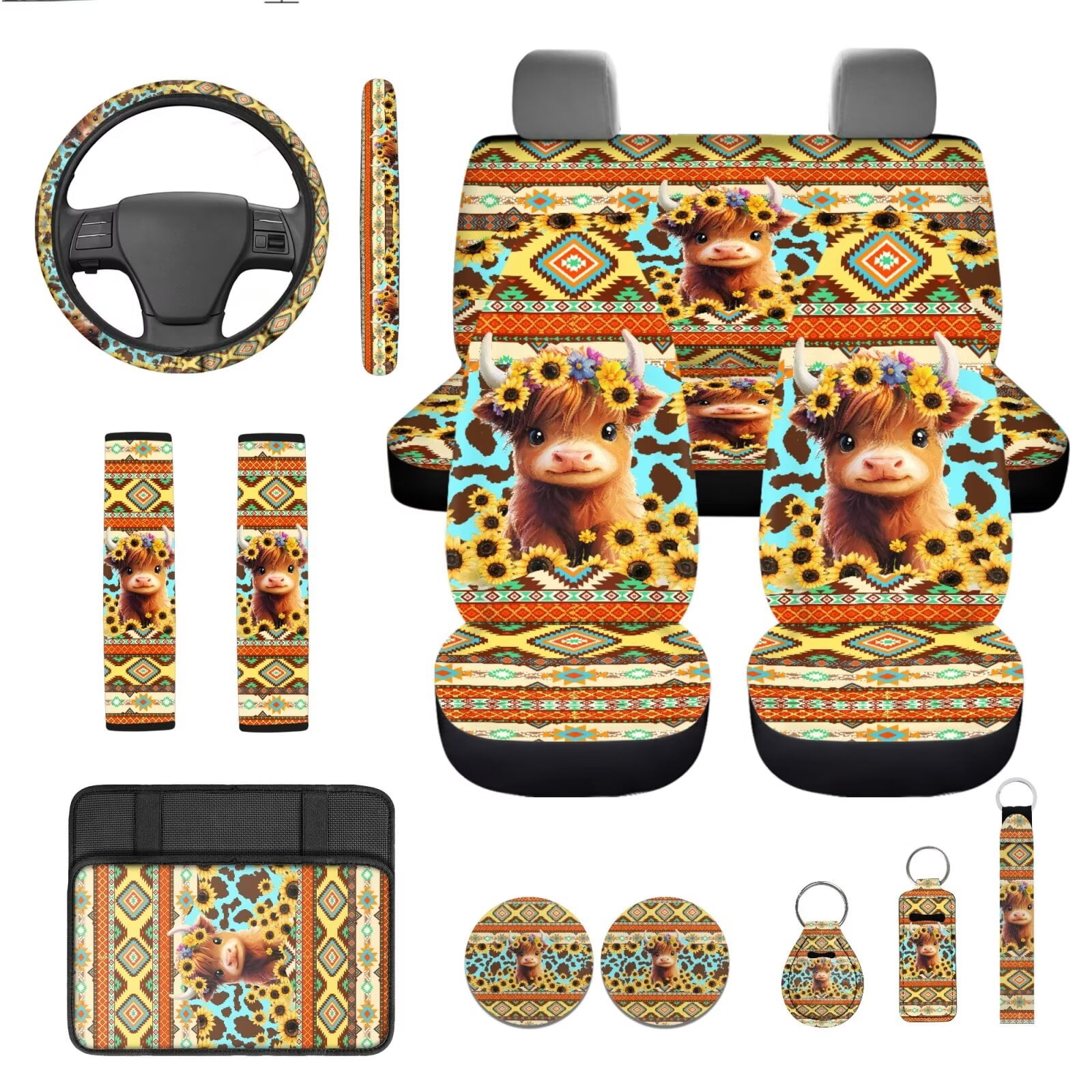 Garronmavis 13 Pieces Seat Cover Set Includes Seat Belt Cover Steering Wheel Cover Car Armrest Pad Coaster Keychain Lipstick Cover Car Cover for Women Aztec Highland Cows