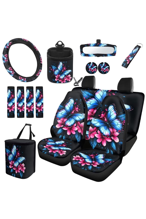 15pcs Automobile Interior Sets Butterfly Flower Car Front and Rear Seat Cover Steering Wheel Cover Seat Belt Cover Coasters Rearview Mirror Cover Car Garbage Can