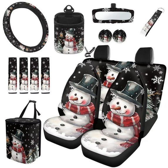 Garronmavis 15pcs Automobile Interior Sets Christmas Winter Snowman Front Rear Car Seat Covers Steering Wheel Cover Shoulder Protector Cover Coasters Keychain Rearview Mirror Cover Trash Can