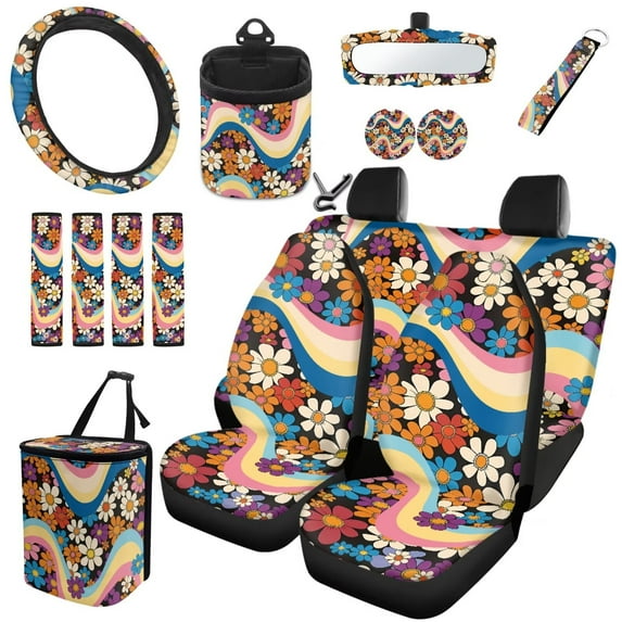 Garronmavis 15pcs Automobile Interior Sets Hippie Daisy Streering Wheel Cover Rearview Mirror Cover Trash Can with Lid Air Vent Car Organizer Front Rear Car Seat Covers Seat Belt Cover