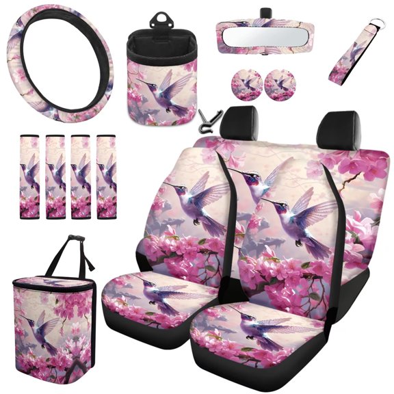 Garronmavis 15pcs Automobile Interior Sets Hummingbird Streering Wheel Cover Rearview Mirror Cover Trash Can with Lid Air Vent Car Organizer Front Rear Car Seat Covers Seat Belt Cover