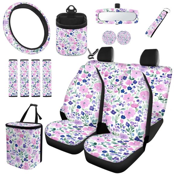 Garronmavis 15pcs Automobile Interior Sets Purple Flower Car Front Back Seat Covers Steering Wheel Cover Rearview Mirror Cover Seat Belt Cover Coasters Garbage Can Air Vent Phone Pouch Keychain
