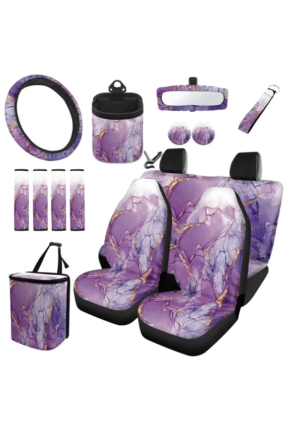 15pcs Automobile Interior Sets Purple Marble Texture Front Rear Car Seat Covers Steering Wheel Cover Shoulder Cover Rearview Mirror Cover Trash Can Air Vent Bag Coasters