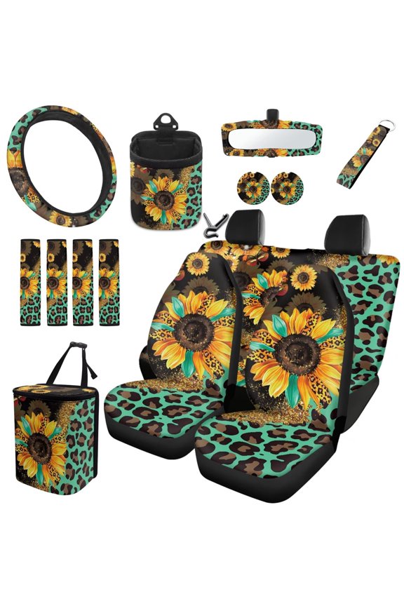15pcs Automobile Interior Sets Sunflower Leopard Print Front Rear Car Seat Covers Steering Wheel Cover Shoulder Protector Cover Coasters Keychain Rearview Mirror Cover Trash Can
