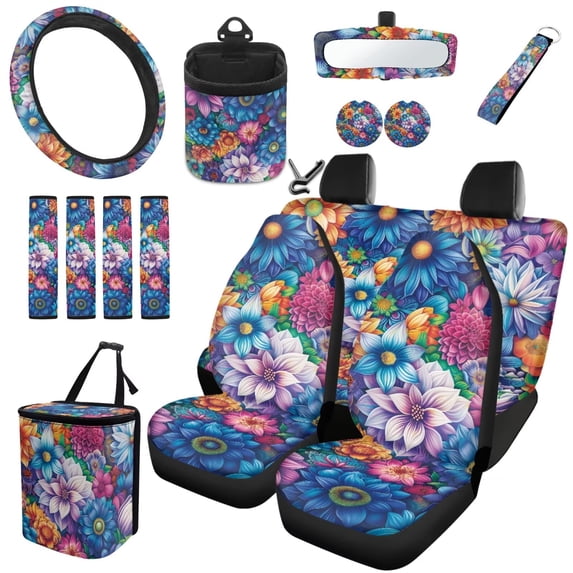 Garronmavis 15pcs Bohemian Flower Automobile Interior Sets Car Front and Rear Seat Cover Steering Wheel Cover Seat Belt Cover Coasters Rearview Mirror Cover Car Garbage Can