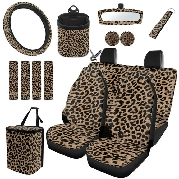 Garronmavis 15pcs Leopard Print Automobile Interior Sets Car Front Seat Cover Rear Split Bench Cover Steering Wheel Cover Seat Belt Cover Coasters Air Vent Phone Holder Trash Can