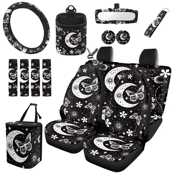Garronmavis 15pcs Moon Butterfly Automotive Interior Set Car Front Rear Seat Covers Rearview Mirror Cover Trash Can Air Vent Organizer Steering Wheel Cover Seat Belt Cover Coasters Lanyard Keychain