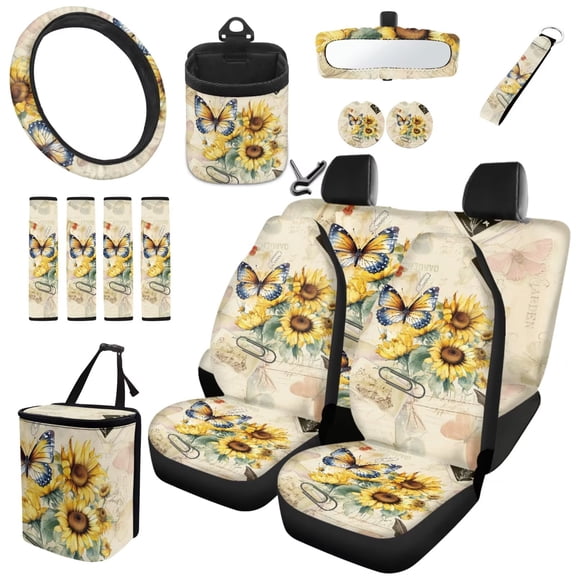 Garronmavis 15pcs Retro Sunflower Butterfly Automotive Interior Set Car Front Rear Seat Covers Rearview Mirror Cover Trash Can Air Vent Organizer Steering Wheel Cover Seat Belt Cover