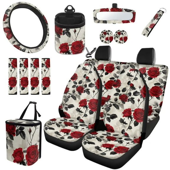 Garronmavis 15pcs Rose Automobile Interior Sets Car Front and Rear Seat Cover Steering Wheel Cover Seat Belt Cover Coasters Keychain Rearview Mirror Cover Car Garbage Can Air Vent Mount Phone Holder