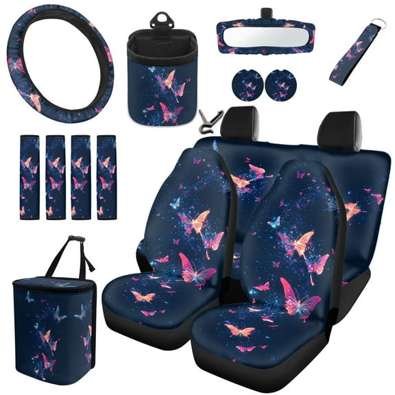 Garronmavis 15pcs Set Automotive Seat Cover Accessories Butterflies Steering Wheel Cover Rearview Mirror Cover Seat Belt Cover Keychain Coasters Car Trash Bag Air Vent Organizer Universal Fit Most