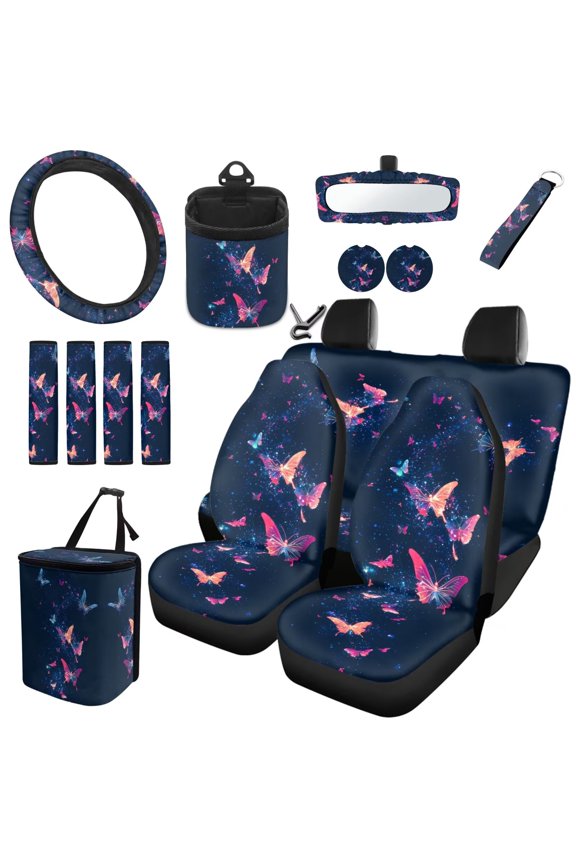 15pcs Set Automotive Seat Cover Accessories Butterflies Steering Wheel Cover Rearview Mirror Cover Seat Belt Cover Keychain Coasters Car Trash Bag Air Vent Organizer