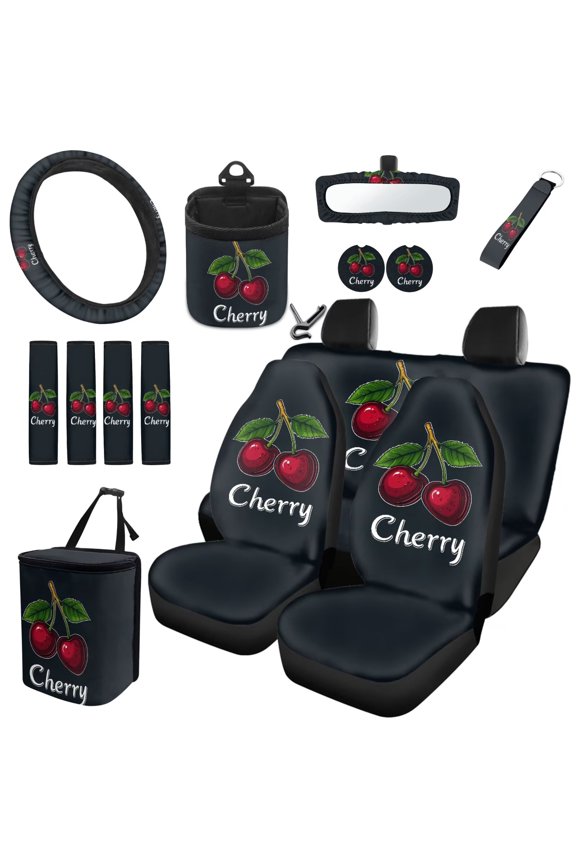 15pcs Set Automotive Seat Cover Accessories Cherry Steering Wheel Cover Rearview Mirror Cover Seat Belt Cover Keychain Coasters Car Trash Bag Air Vent Organizer Universal Fit Most