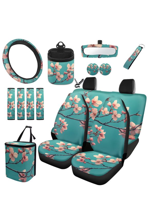 15pcs Set Automotive Seat Cover Accessories Steering Wheel Cover Rearview Mirror Cover Seat Belt Cover Keychain Coasters Car Trash Bag Air Vent Organizer Universal Fit