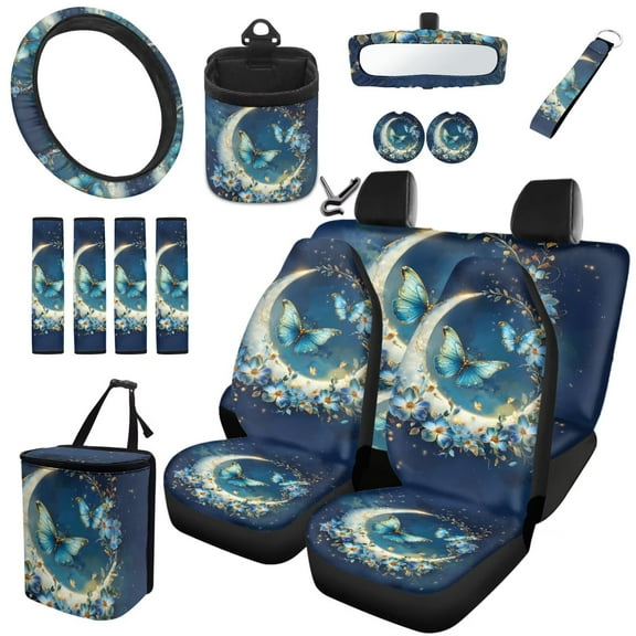 Garronmavis 15pcs Set Blue Butterflies Flower Car Seat Covers for Front Rear Steering Wheel Cover Rearview Mirror Cover Seat Belt Cover Keychain Coasters Car Trash Can Air Vent Bag Fit Most Vehicles
