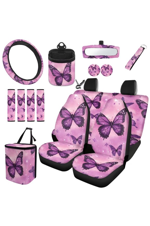 15pcs Set Butterfly Automotive Seat Cover Accessories Steering Wheel Cover Rearview Mirror Cover Seat Belt Cover Keychain Coasters Car Trash Bag Air Vent Organizer