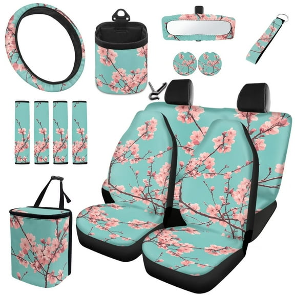 Garronmavis 15pcs Set Car Seat Covers for Front Rear Steering Wheel Cover Rearview Mirror Cover Seat Belt Cover Keychain Coasters Car Trash Can Air Vent Bag Cherry Blossoms Fit Most SUV Van Sedan