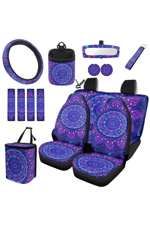 15pcs Set Mandala Car Seat Covers for Front Rear Steering Wheel Cover Rearview Mirror Cover Seat Belt Cover Keychain Coasters Car Trash Can Air Vent Bag Fit Most SUV Van Sedan
