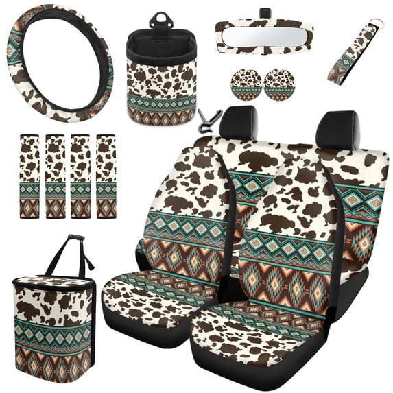 Garronmavis 15pcs Southwest Aztec Trendy Automobile Interior Sets Car Front Seat Cover Rear Bench Cover Steering Wheel Cover Seat Belt Cover Coasters Air Vent Phone Holder Trash Can