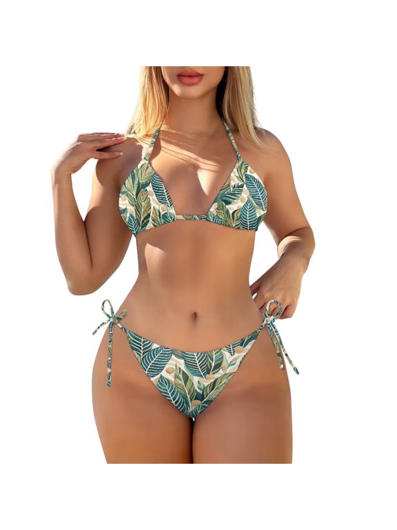 2-Piece Bikini Sets for Women Black Palm Leaves Halter String Triangle Halter Bathing Suits Adjustable Spaghetti Strap Sexy Swimwear Summer Beach Swimsuit