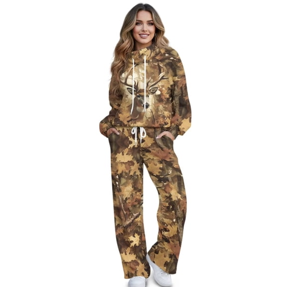 Garronmavis 2 Piece Camo Sweatsuits for Women Wide Leg Pants Maple Leaf Hoodies Sets Graphic Sweatshirts Tracksuits Spring Winter Fall Outfits, Size M
