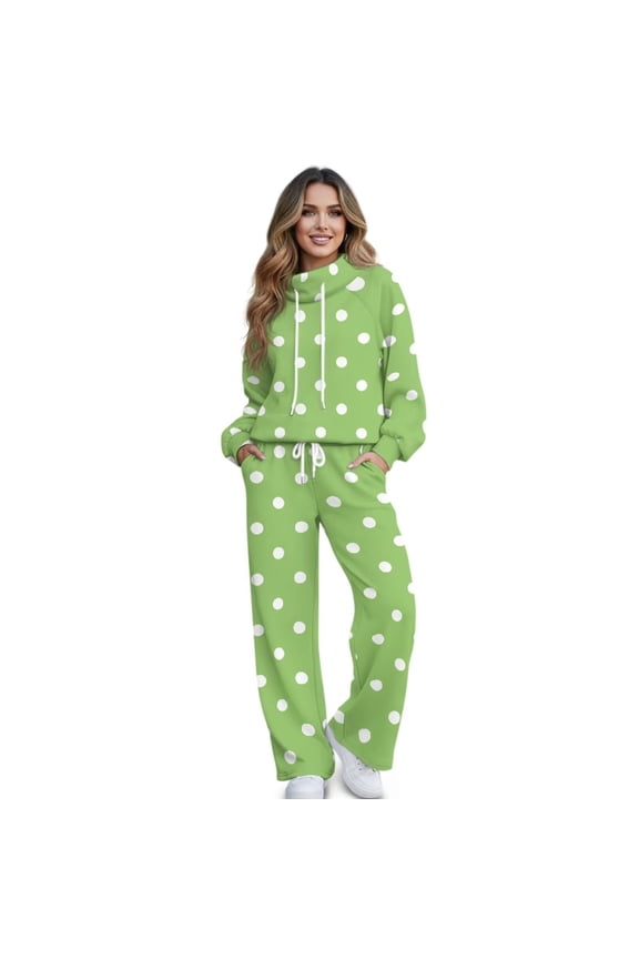 2 Piece Sweatsuits for Women Polka Dot Sweat Set Green Track Suit Women Wide Leg Joggers Hoodies with Sweatpants Comfort Suit Sets, Size M