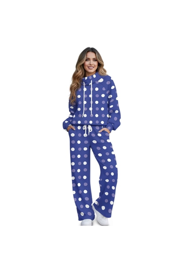 2 Piece Sweatsuits for Women Wide Leg Sweatpants Polka Dot Sweat Set Blue Sweatsuit Women 2 Piece Outfits Track Suits, Size S