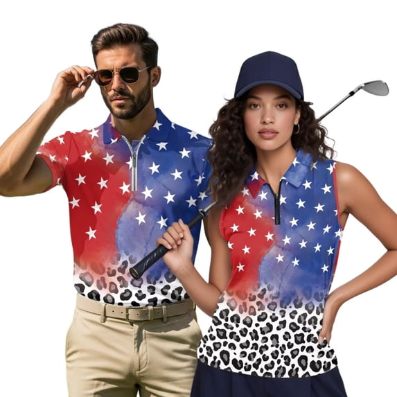 Garronmavis 250th Anniversary Matching Golf Shirts for Couple Lightweight Mens Hawaiian Shirt Summer Lapel Business Casual Office Work Dress Keep Cool in Hot Weather Quick Dry